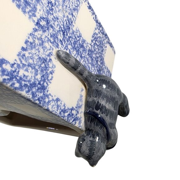 Ceramic Cat Tea bag Jar & Lid Blue Checkered Yellow Orange sugar packet holder - Picture 3 of 16